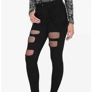 Black Ripped Skinny Jeans w/ Sewn In Fishnets by Hot Topic